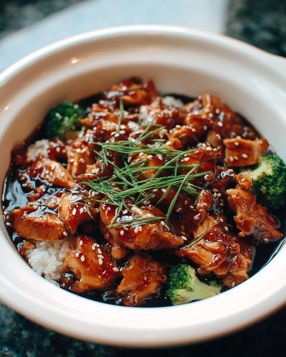 Delicious Crockpot Teriyaki Chicken served with steamed rice and vegetables