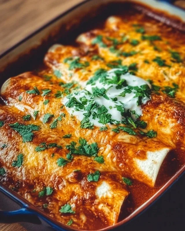 Plate of delicious chicken enchiladas topped with cheese and cilantro