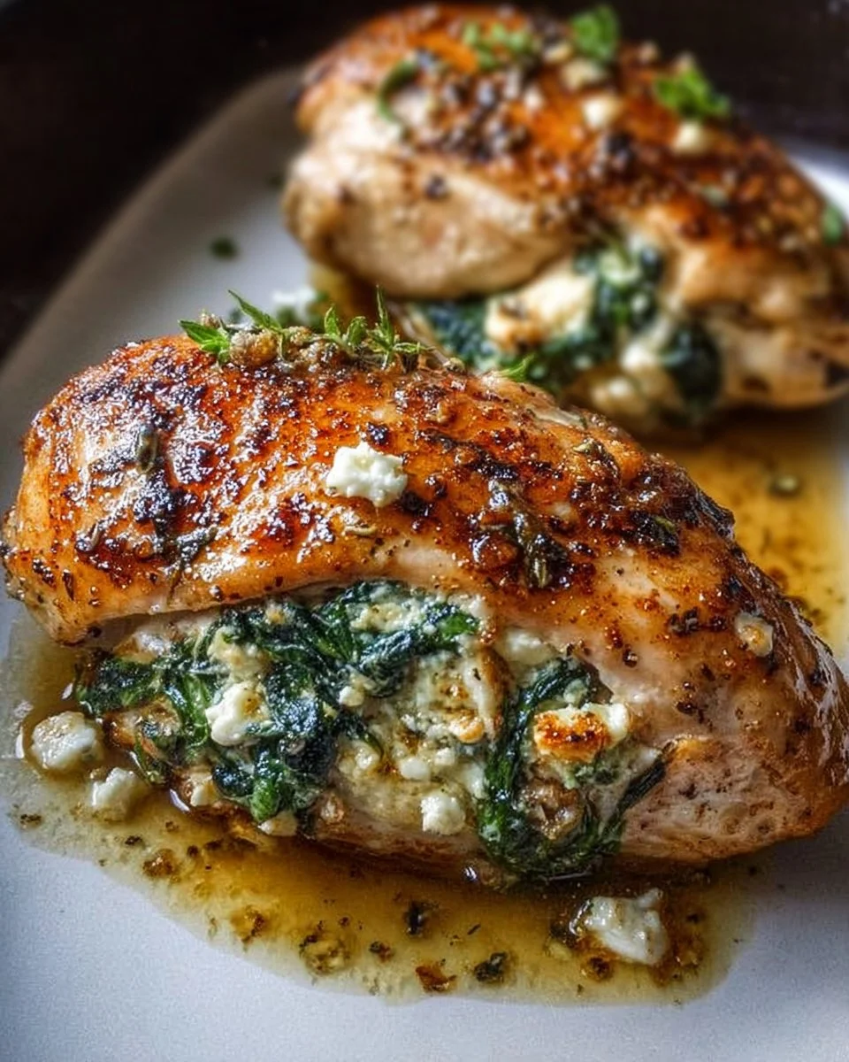 Delicious spinach feta stuffed chicken recipe served on a plate with vegetables