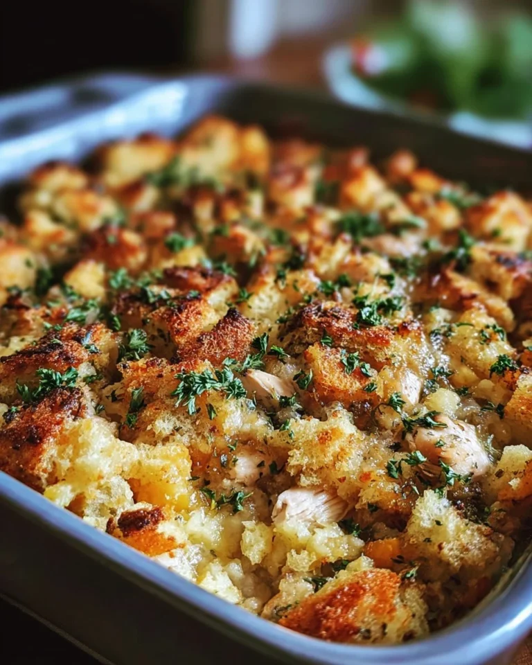 Dolly's Chicken and Stuffing Casserole with golden topping
