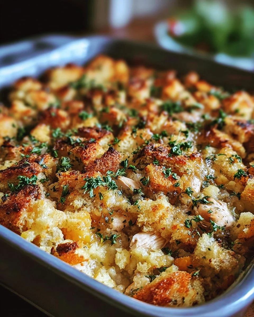 Dolly's Chicken and Stuffing Casserole with golden topping
