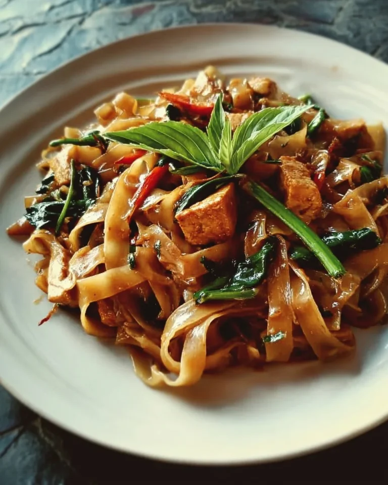 A plate of spicy drunken noodles with colorful vegetables and fresh herbs