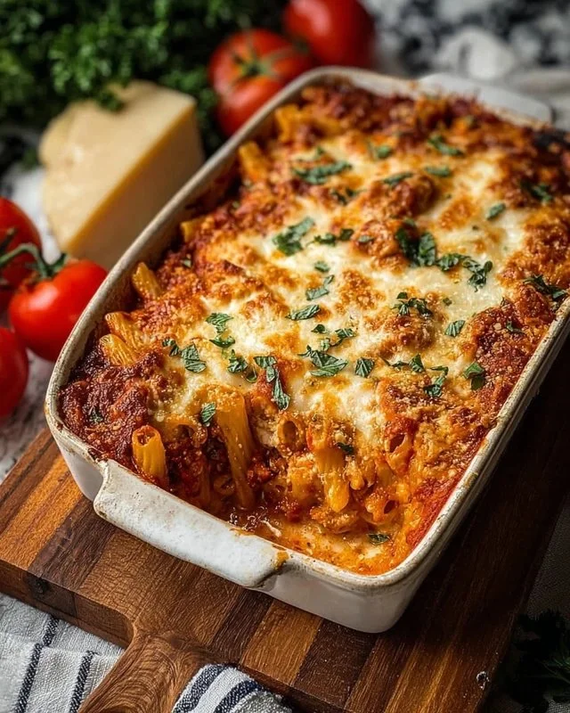 Delicious dump-and-bake Chicken Parmesan Casserole fresh from the oven
