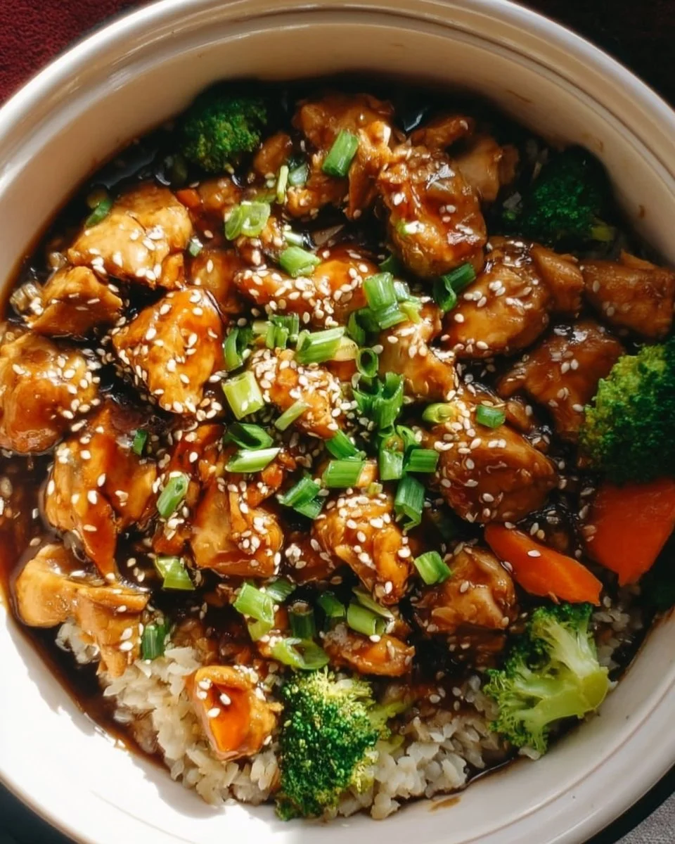 Dump and Go Crockpot Teriyaki Chicken in a serving bowl with rice and vegetables