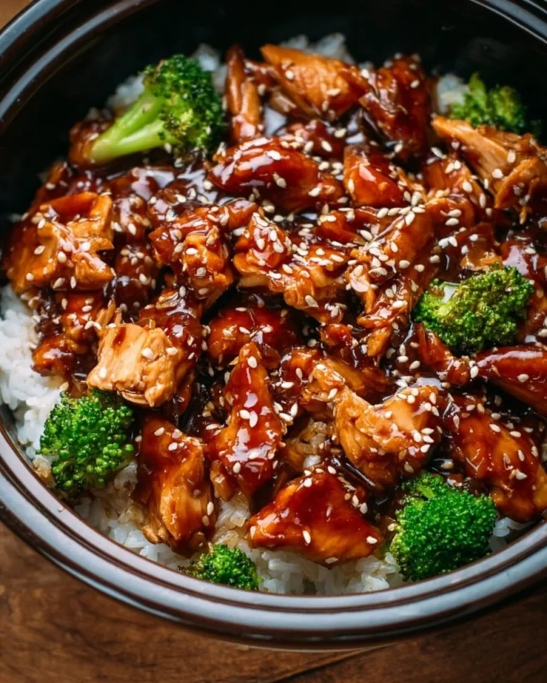 Crockpot teriyaki chicken ready to serve with rice and vegetables