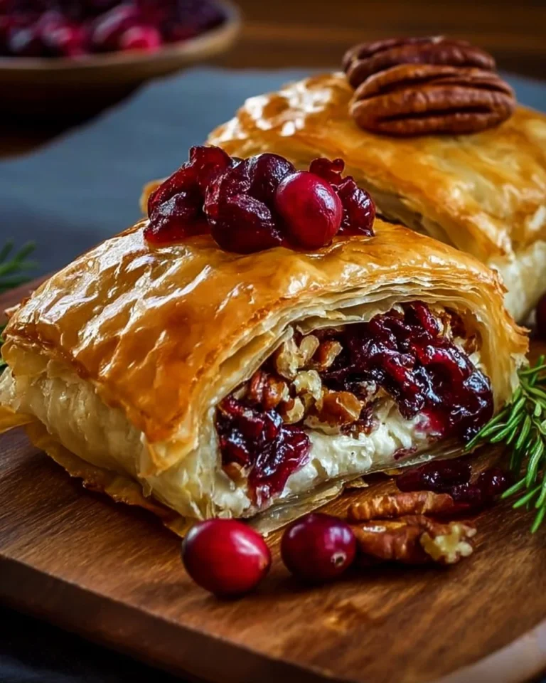 Easy cranberry pecan brie wrapped in flaky puff pastry, a delicious appetizer.