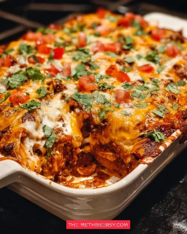 Easy and delicious enchilada casserole topped with cheese and garnished.
