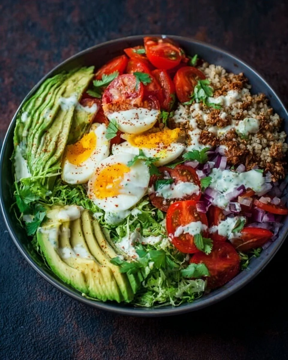 Low carb burrito bowl with fresh ingredients and toppings