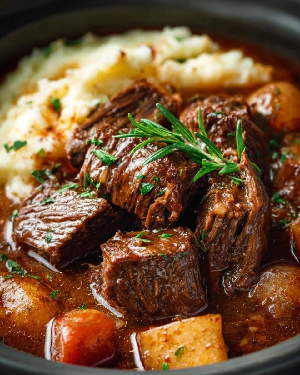 Slow cooker beef Manhattan served with gravy and bread on a plate