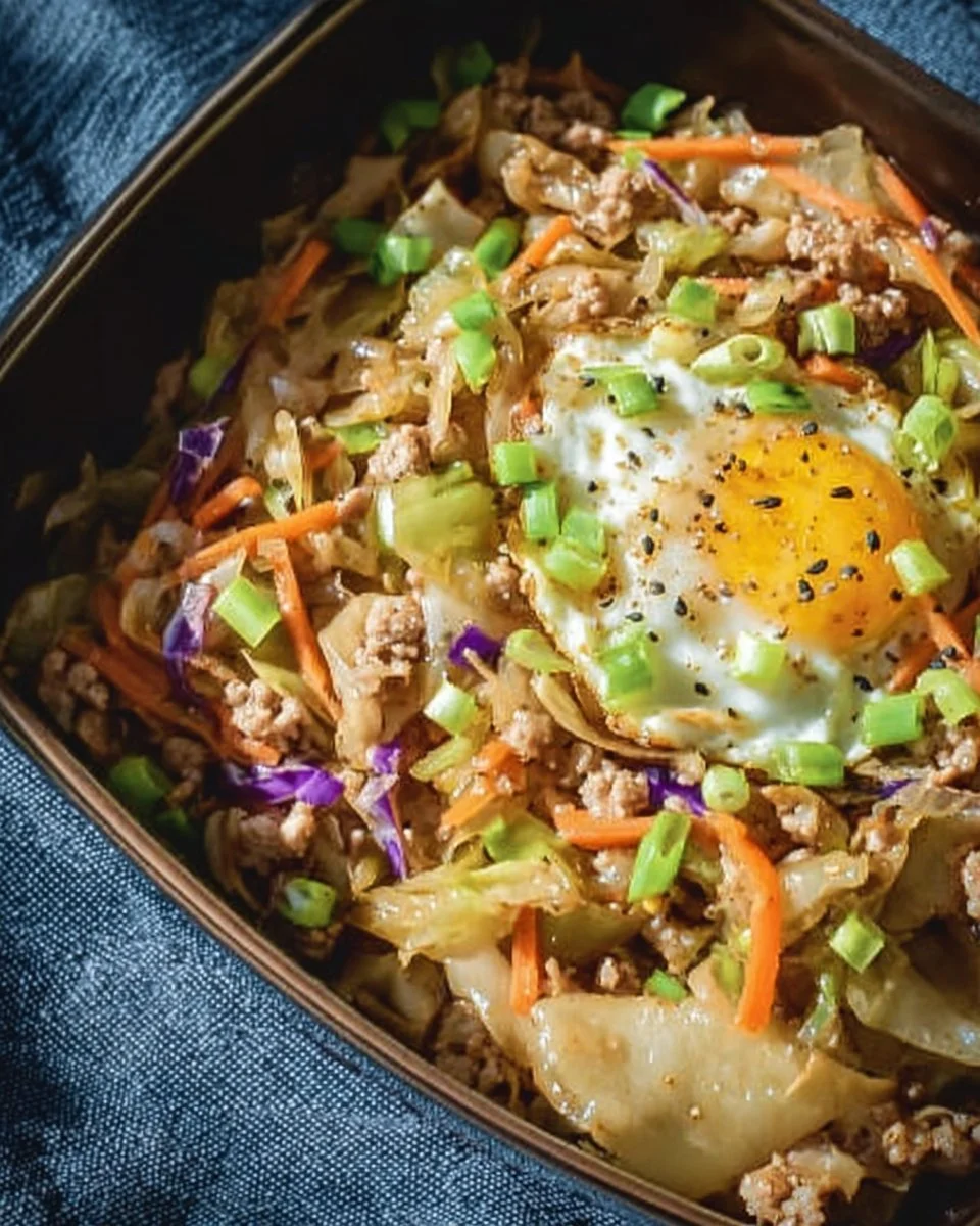 Delicious egg roll in a bowl with vegetables and seasoning