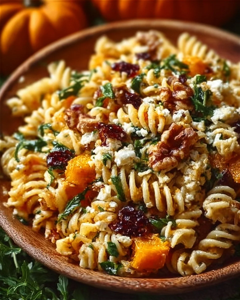 Colorful Fall Harvest Pasta Salad with seasonal vegetables on a wooden table