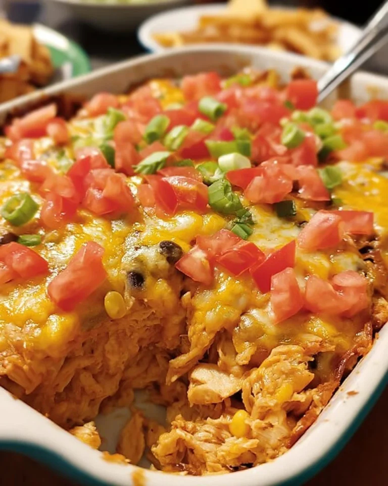 Delicious Fiesta Chicken Casserole topped with cheese and peppers