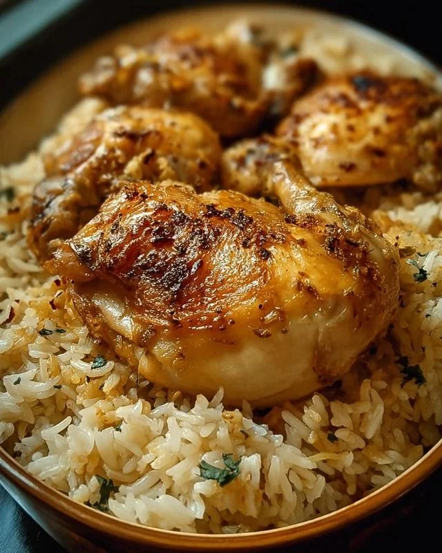 A bowl of Forgotten Chicken and Rice, showcasing tender chicken and fluffy rice.