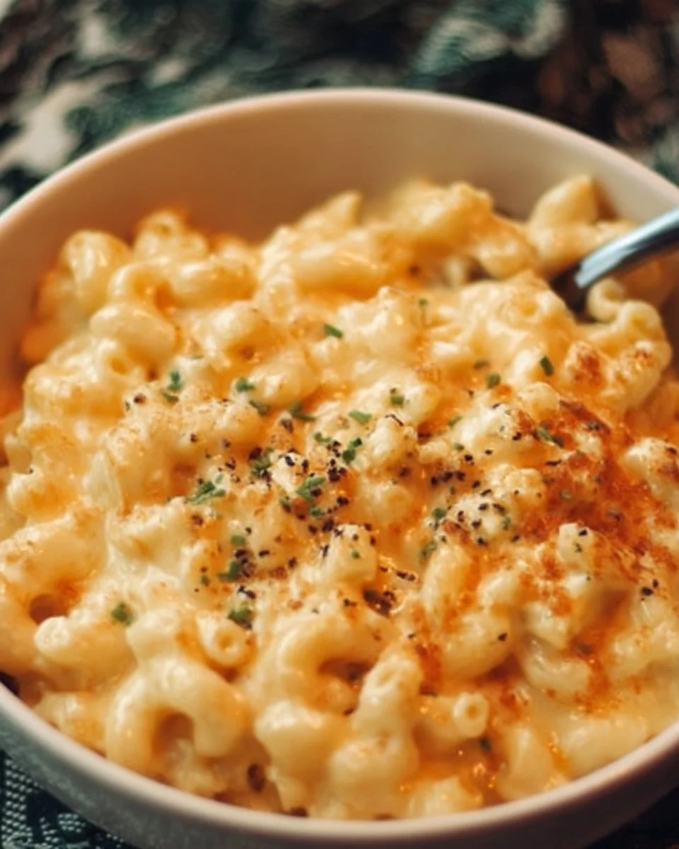 Bowl of Four Cheese Mac and Cheese topped with fresh herbs