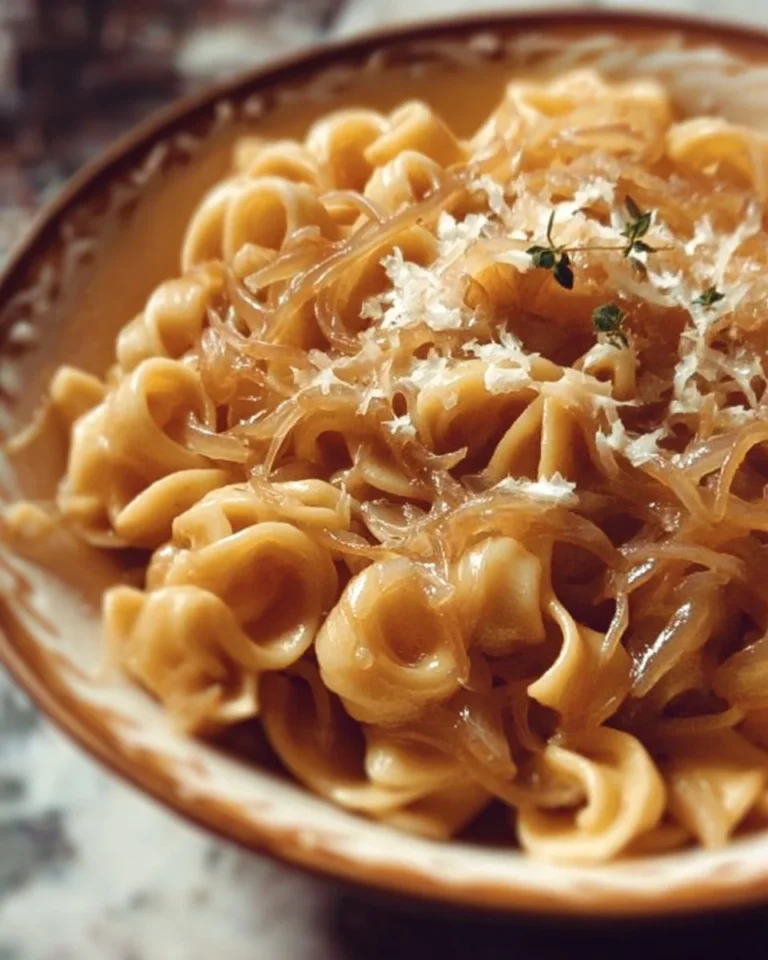 Bowl of creamy French Onion Pasta garnished with caramelized onions and cheese