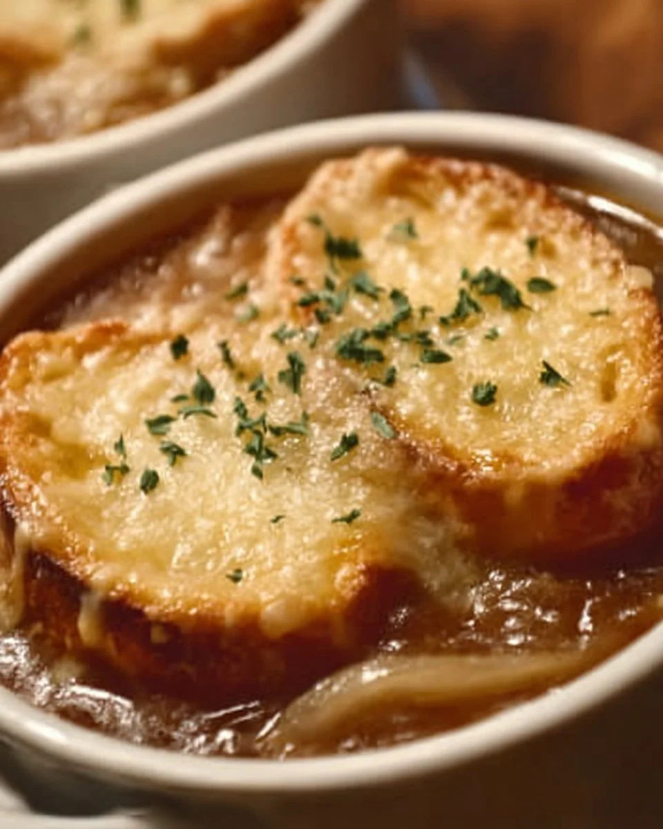 Bowl of delicious homemade French Onion Soup topped with melted cheese.