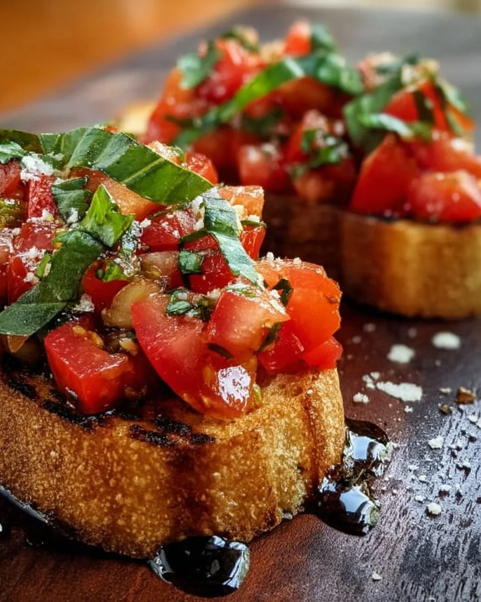 Fresh bruschetta topped with tomatoes and basil on a rustic wooden table