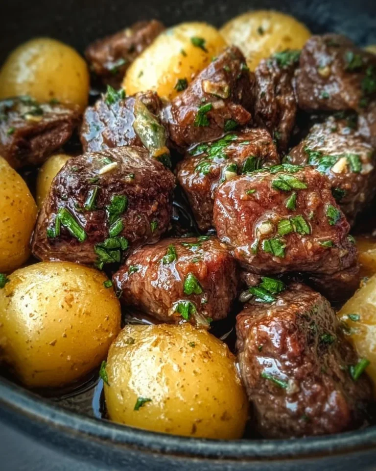 Plate of Garlic Butter Beef Bites served with tender potatoes