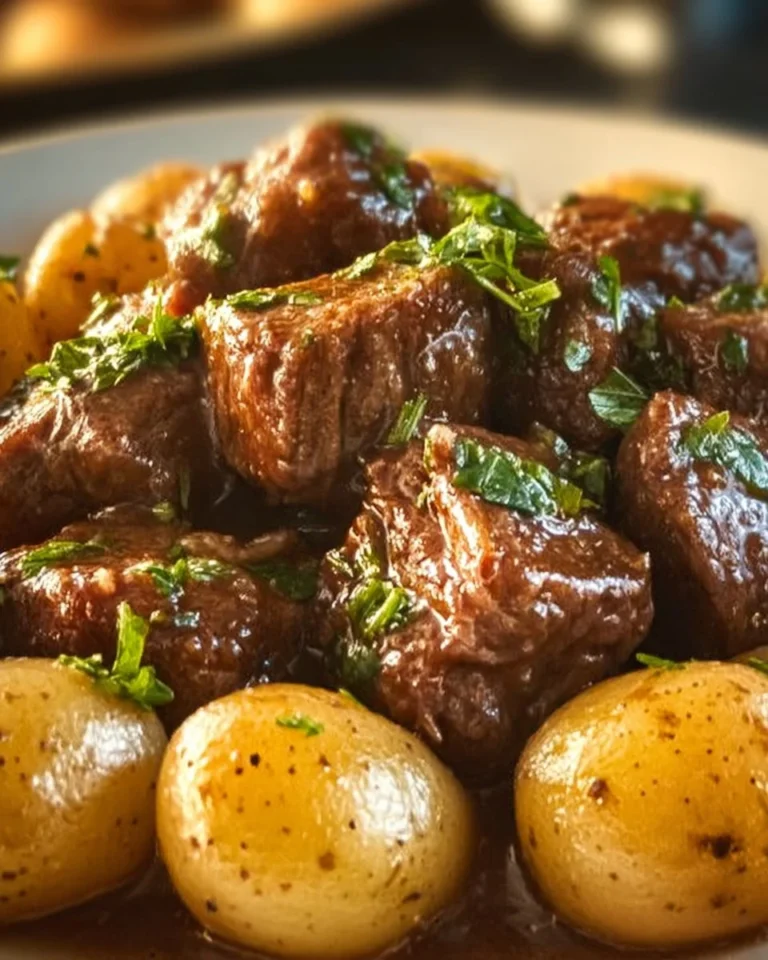 Plate of garlic butter beef bites served with roasted potatoes
