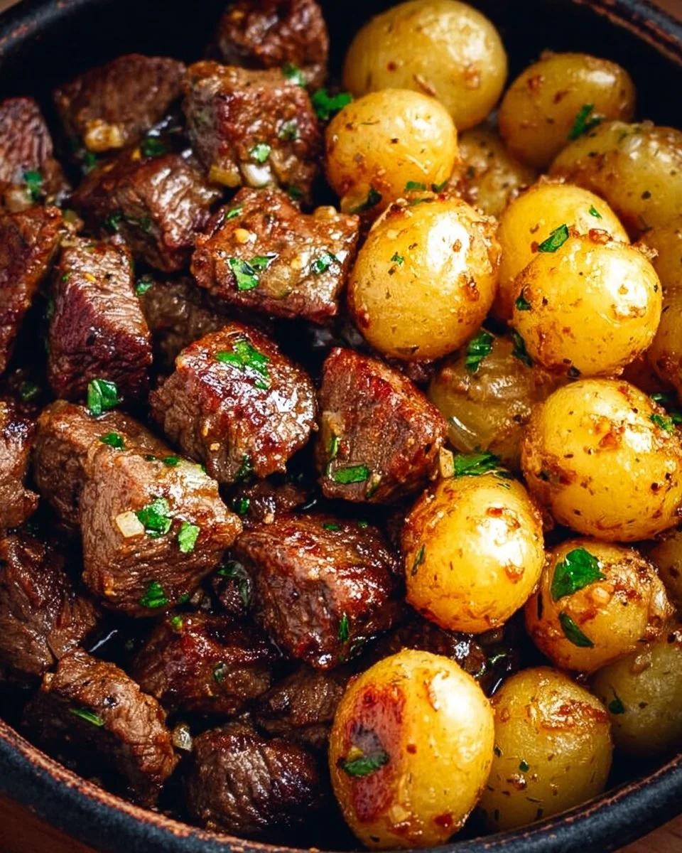 Delicious Garlic Butter Beef Bites served with crispy potatoes on a plate