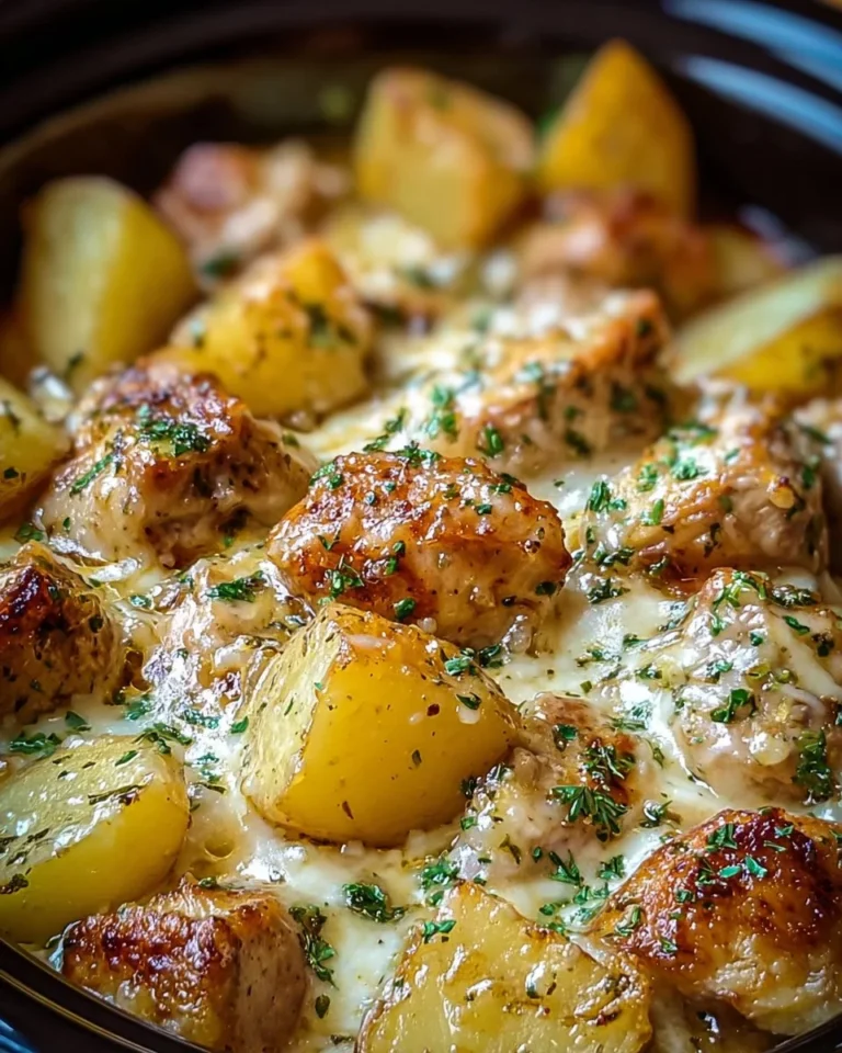 Garlic Parmesan Chicken with potatoes in a crockpot dish