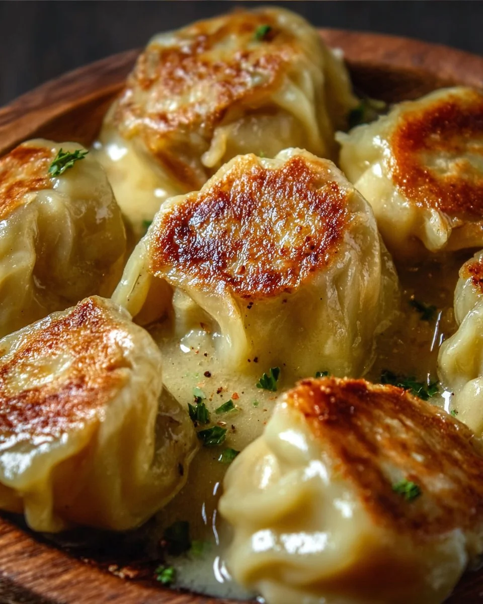 Plate of homemade German cabbage dumplings with brown sauce and herbs