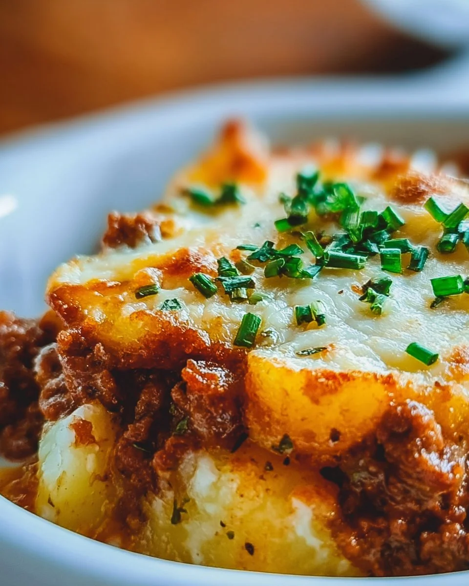 Ground Beef Hobo Casserole in a baking dish, topped with melted cheese and herbs.