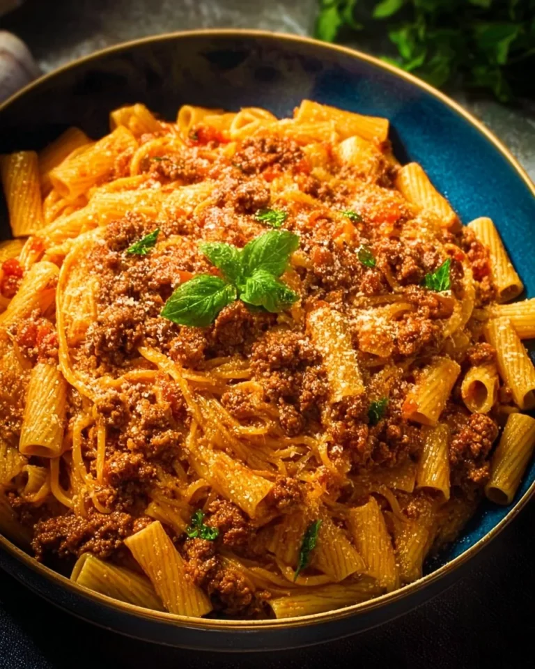 A delicious plate of ground beef pasta topped with fresh herbs and cheese