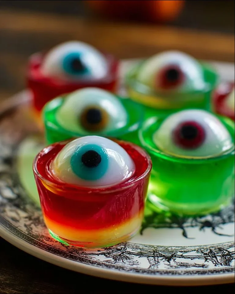 Halloween eyeball jello shots served in a spooky setting