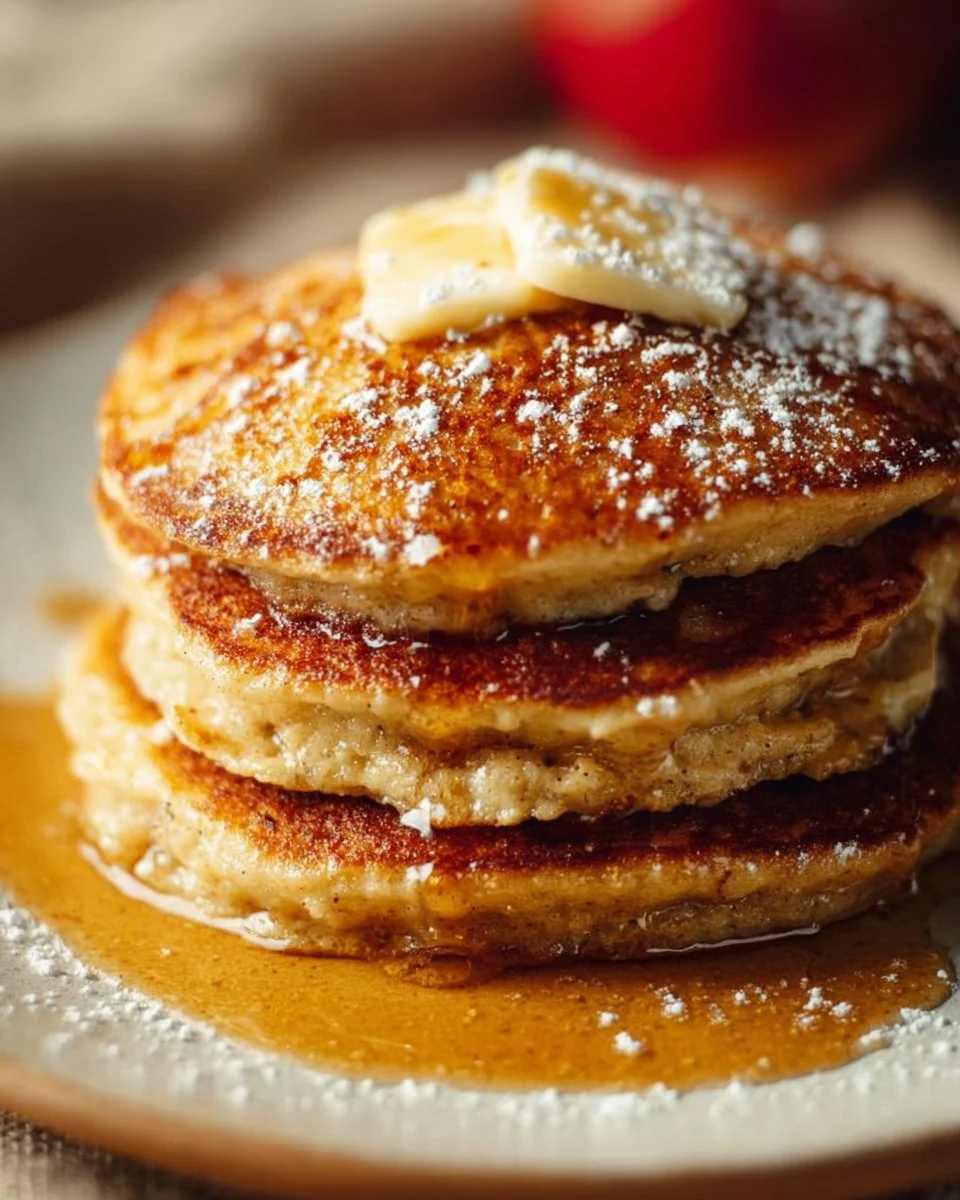 Healthy oatmeal apple pancakes stacked on a plate with fresh apples