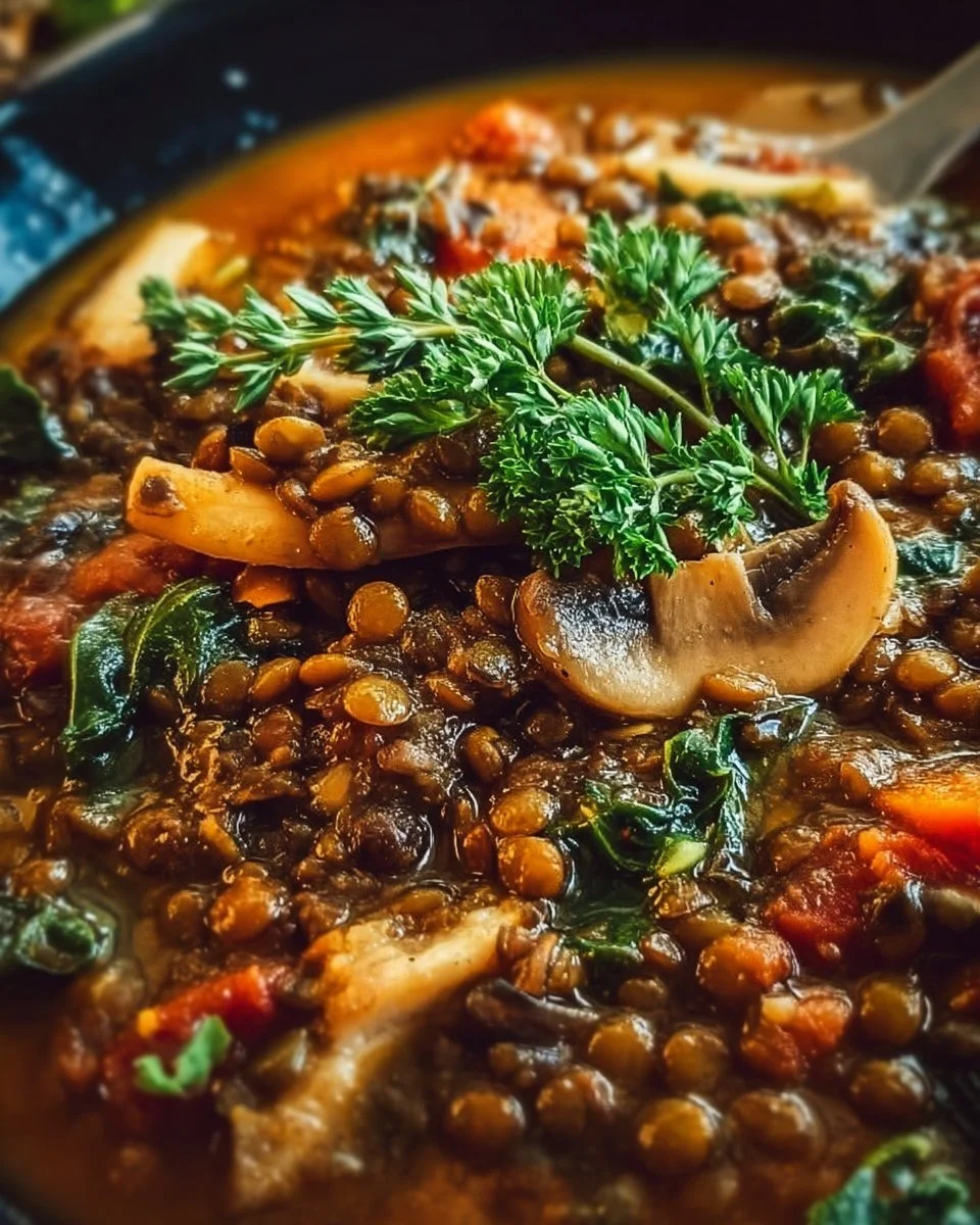 A bowl of hearty vegan lentil mushroom stew garnished with fresh herbs