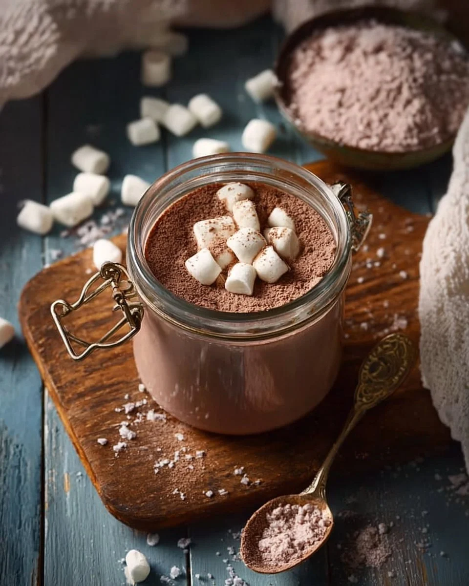 Homemade hot chocolate mix in a jar, rich and creamy, ideal for gifting.
