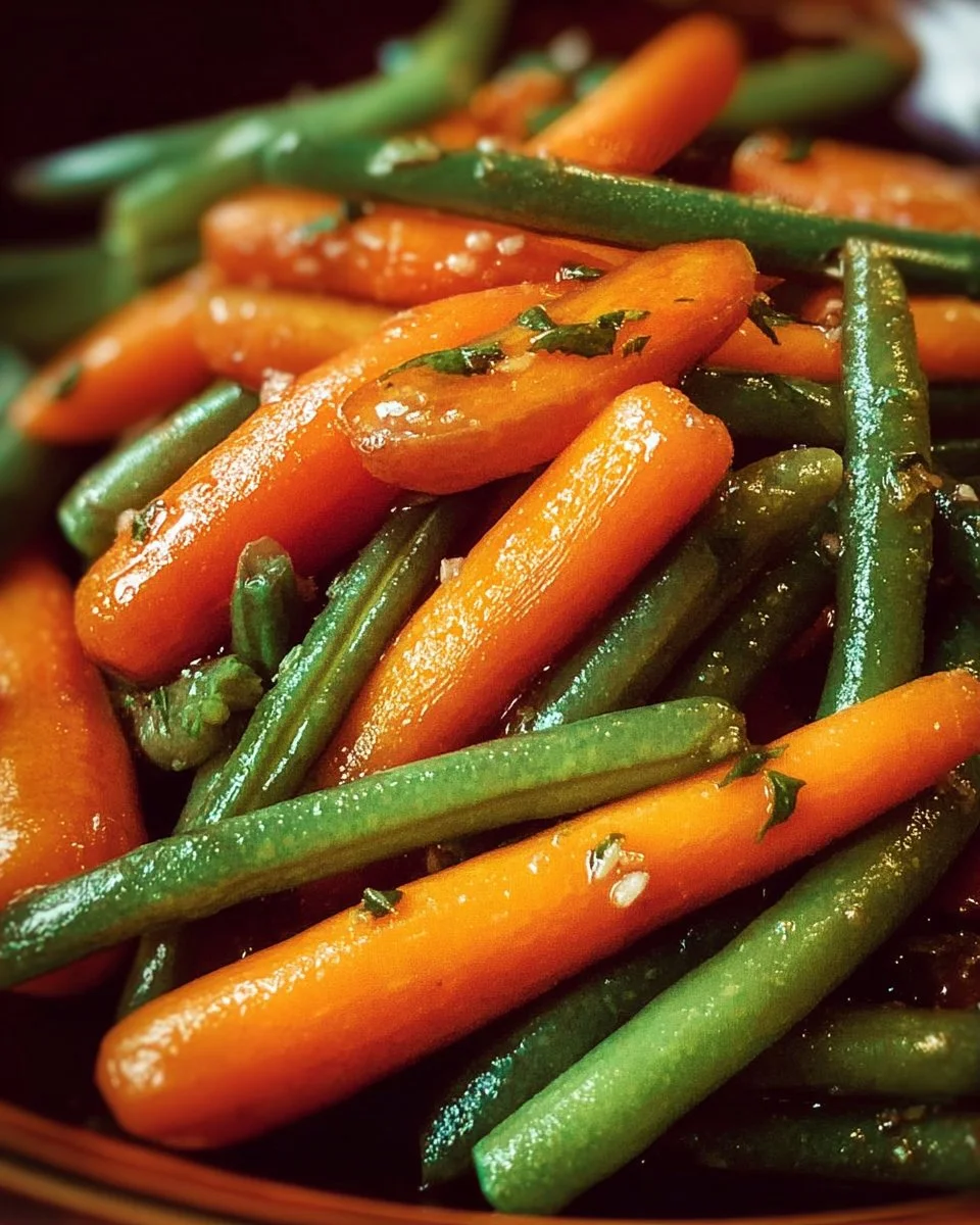 Delicious honey glazed carrots and green beans served on a plate