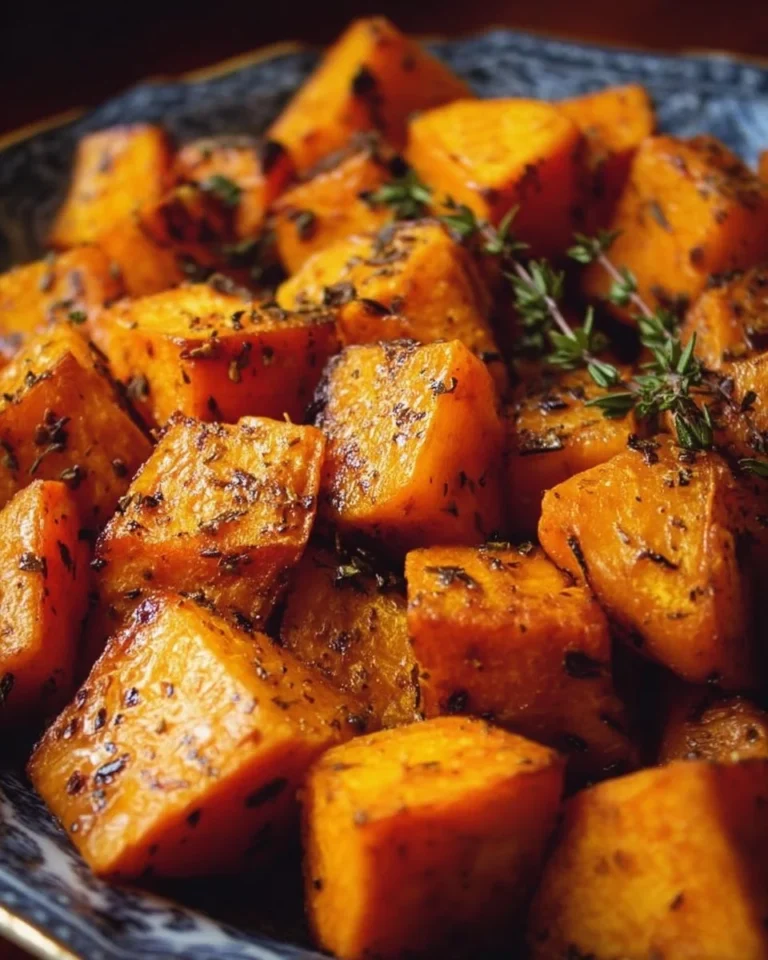A plate of delicious honey roasted sweet potatoes, garnished and ready to serve.