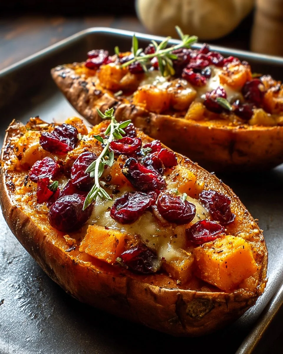 Cranberry apple twice-baked sweet potatoes topped with herbs and spices