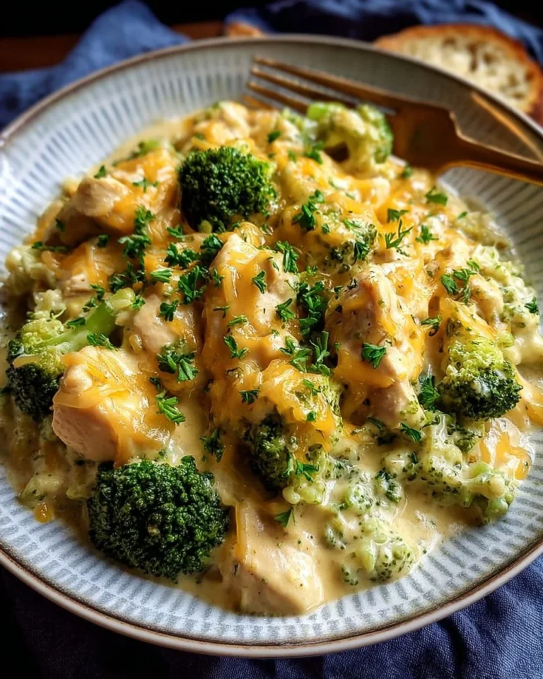 Crockpot creamy broccoli cheddar chicken topped with fresh herbs