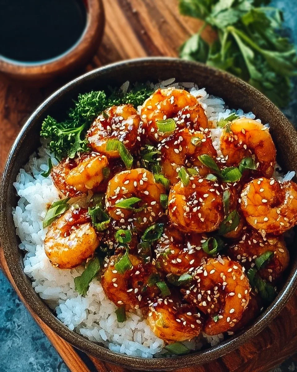 Delicious honey garlic shrimp bowl served with rice and vegetables