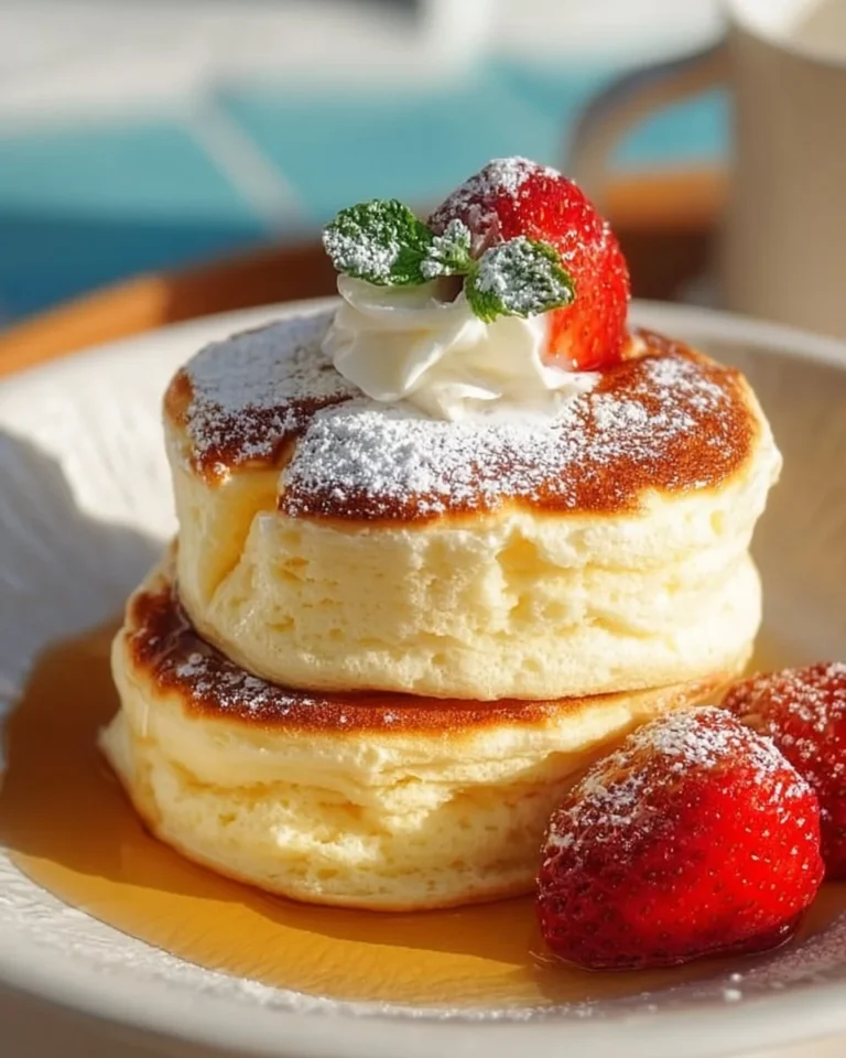 Fluffy Japanese soufflé pancakes stacked with syrup and berries