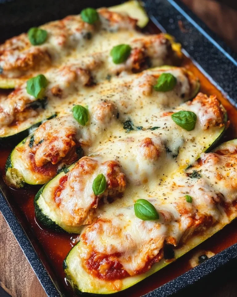 Keto Chicken Parmesan Zucchini Boats topped with cheese and herbs
