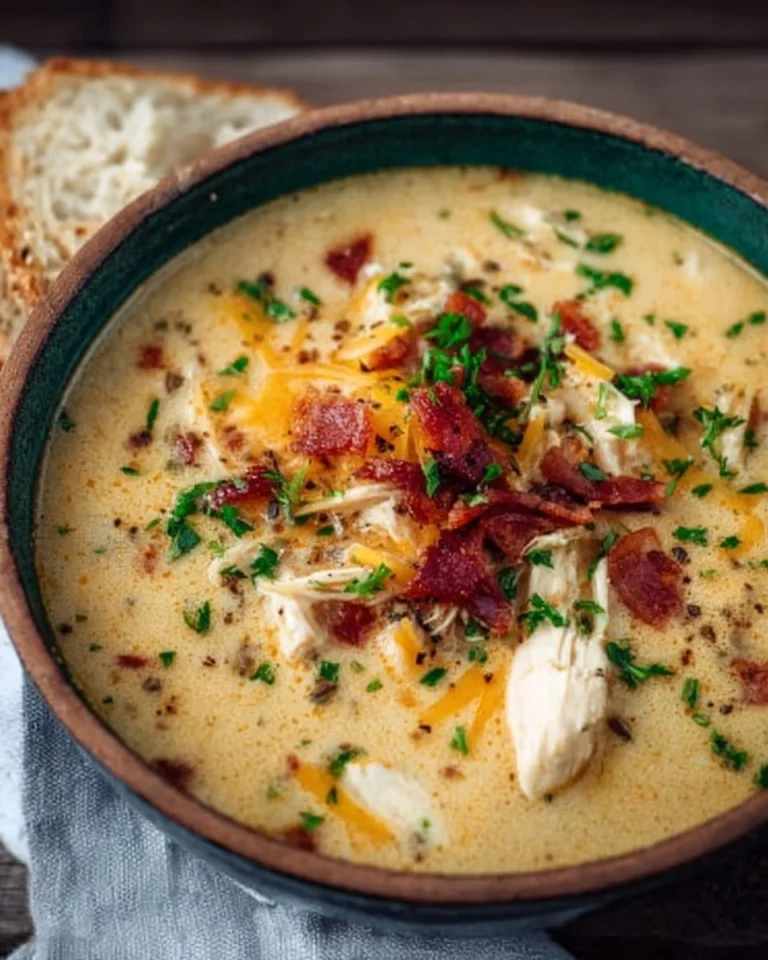 Bowl of creamy Keto Crack Chicken Soup garnished with herbs