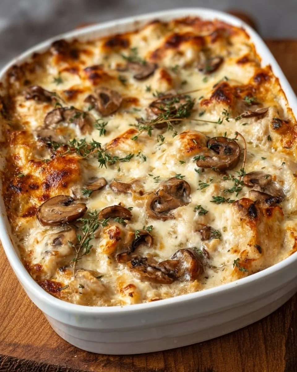 Keto Garlic Mushroom Chicken Casserole dish garnished with herbs