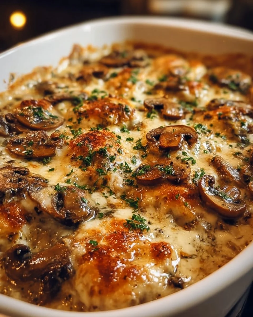 Keto Garlic Mushroom Chicken Casserole in a baking dish, garnished with herbs