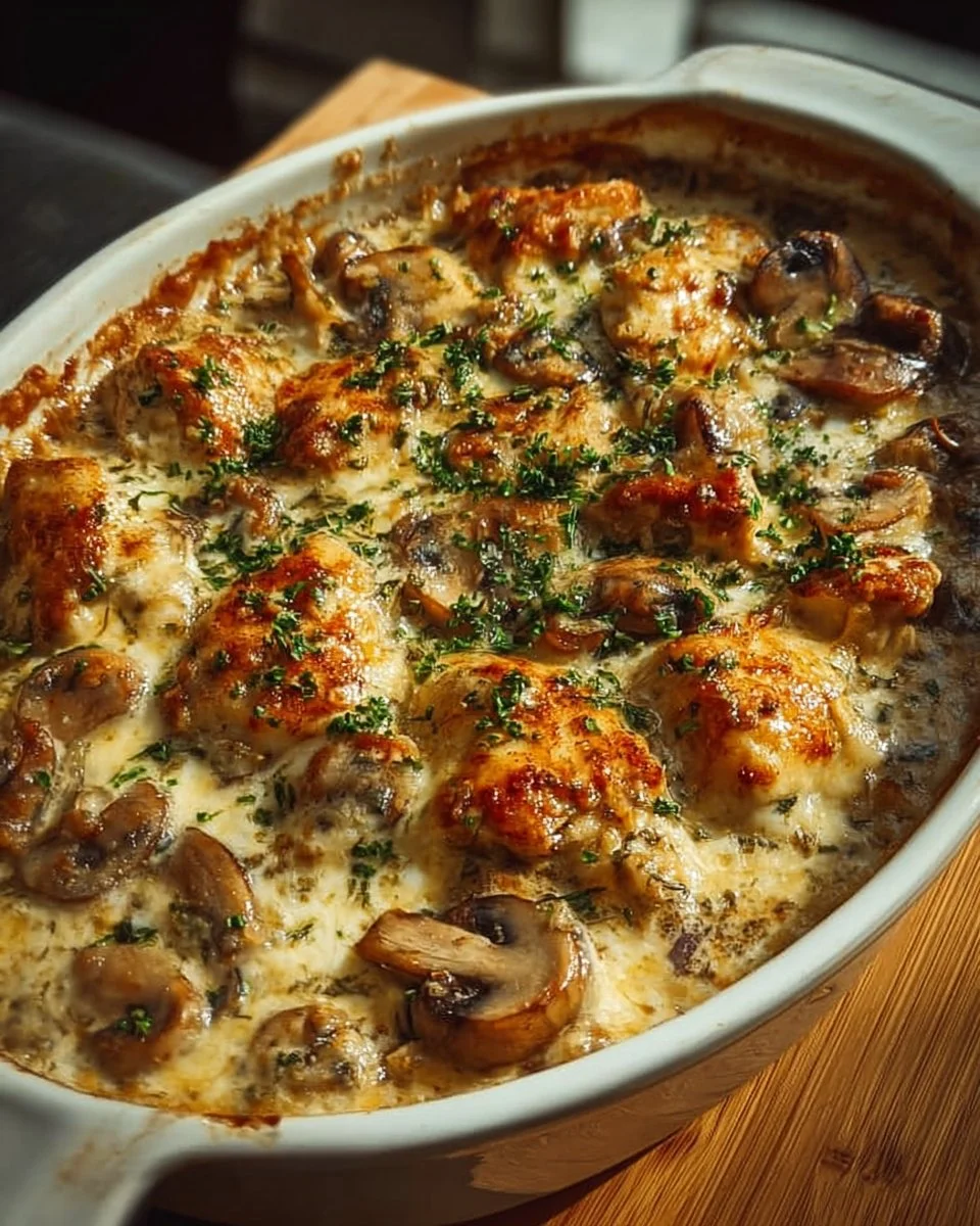 Keto Garlic Mushroom Chicken Casserole topped with cheese and herbs.