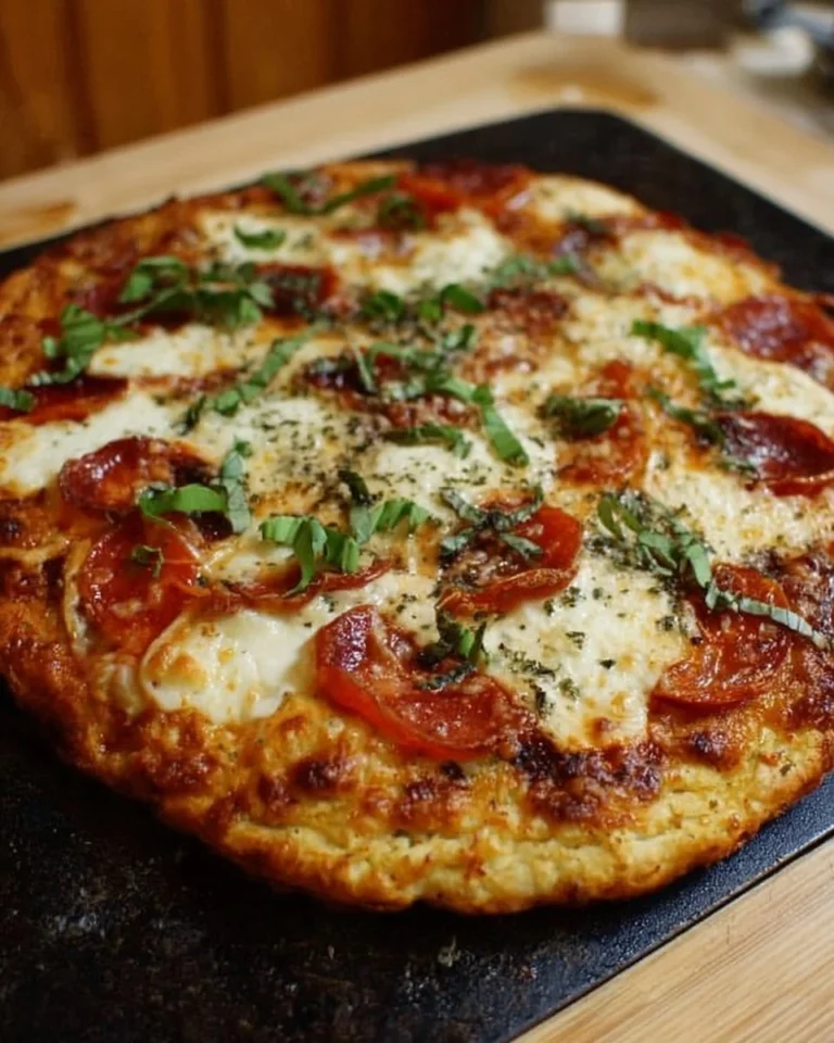 Delicious homemade Keto pizza crust ready to be topped and baked.