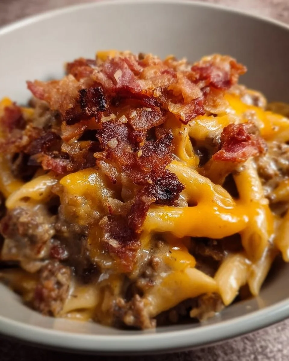 Delicious loaded bacon cheeseburger pasta served in a bowl with toppings
