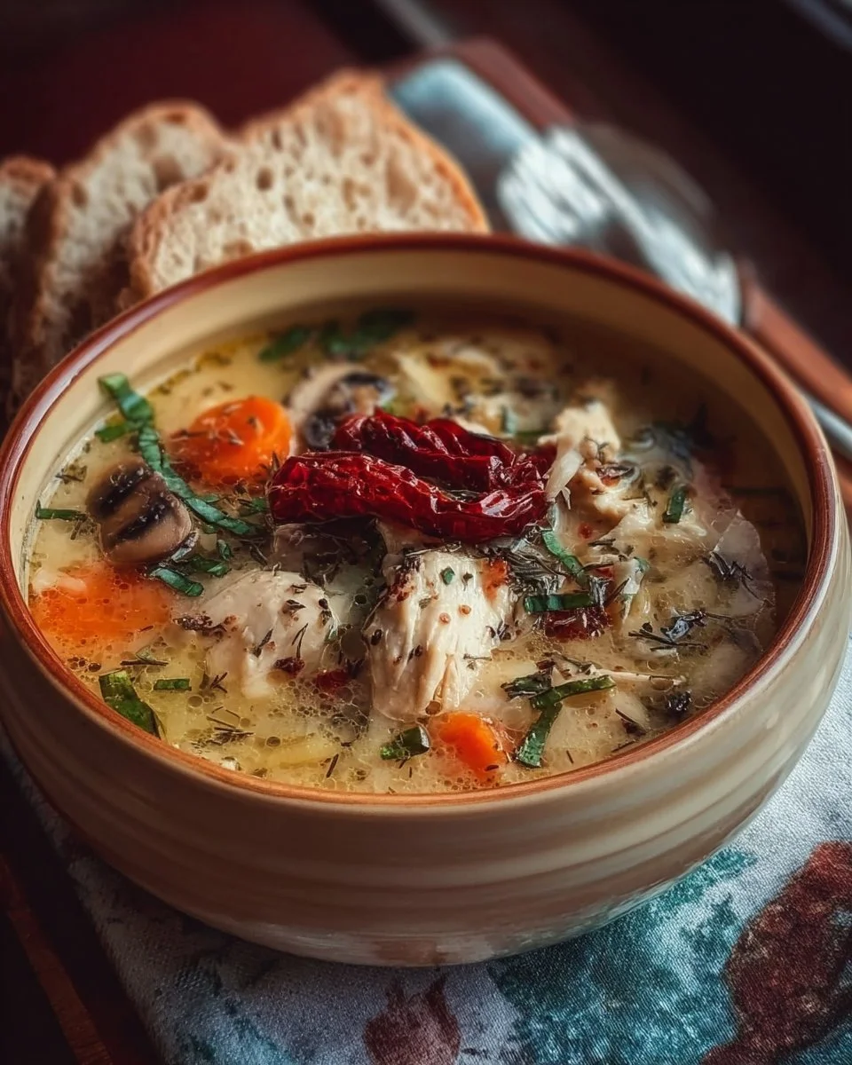 A bowl of Marry Me Chicken Soup garnished with parsley, showcasing its delicious ingredients.
