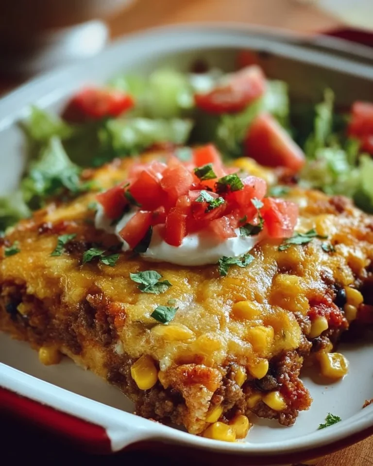 Colorful and savory Mexican casserole topped with cheese and fresh ingredients