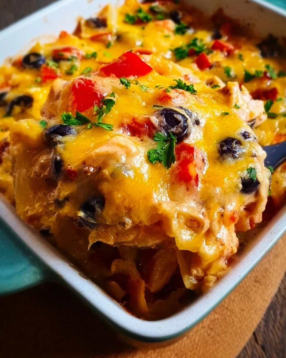 Delicious Mexican chicken casserole topped with cheese and spices.