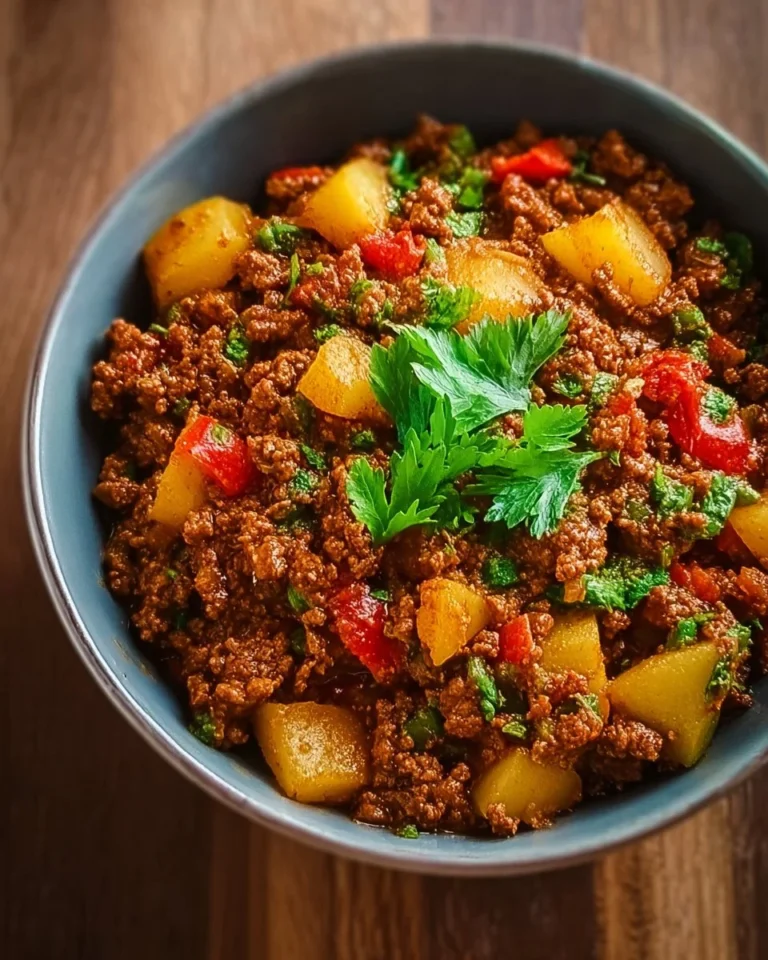 Delicious Mexican Picadillo served with rice and vegetables