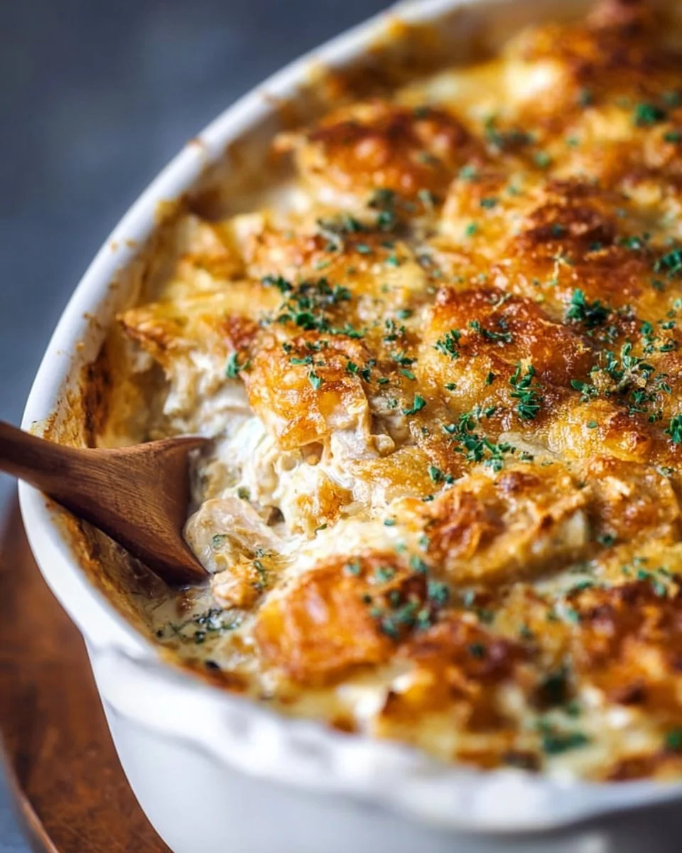 Delicious Million Dollar Chicken Casserole topped with cheese and breadcrumbs